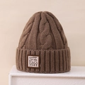 Close-up of brown thick knit beanie showing detailed cable texture and bear label - 3-8 Years / Brown
