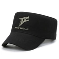 Outdoor black cotton cadet cap with wolf embroidery and short brim in a 45-degree view - Wolf Head Embroidery / Black
