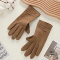 Gants tactiles marron pour femmes avec un nœud délicat et détail en strass brillant - Papillon Strass Double Dentelle - Poil de Lapin Café