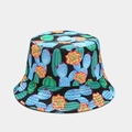 Detailed view of reversible sun hat with vibrant cactus and succulent print on black fabric - M (56-58cm) / Big Cactus Black