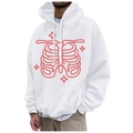 White fleece hoodie featuring red rib cage skeleton print and adjustable drawstring hood - S / Tops / White
