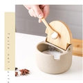 Japanese ceramic spice jar with wooden flip lid and spoon in minimalist off-white matte - Type B Semicircle Ceramic Jar Single