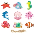 Detailed set of cartoon sea creatures including starfish, seahorse, and shells for party decor - Starfish/Shell/Octopus/Seahorse/Shark/Clownfish/Coral
