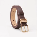 Dark brown leather belt with gold triple-bar buckle for women's fashion outfits - Coffee