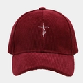 Corduroy baseball cap in burgundy featuring white faith cross embroidery on front - Adjustable / Burgundy