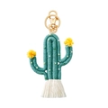 Handmade woven cactus keychain with green cotton thread, yellow pom-poms and white tassels - Dark Green