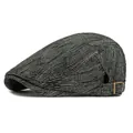 Dark gray textured cotton denim flat cap with vintage brass adjustable side buckle - Black