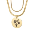 Collier double épaisseur en acier titane doré avec pendentif floral et chaîne serpent - Novembre-Or (Chrysanthème)