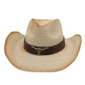 Detail of western straw hat with vintage bull head metal ornament on leather band - Gradient Edge Gold Bull Head (With Wind Rope) / Beige