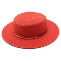 Detail of red flat top straw boater hat featuring spiral weave and gold metal ring buckle - M (56-58cm) / Red