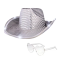 Sequined Cowboy Hat + Heart Glasses Silver