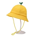 Yellow cotton bucket hat for kids with green leaf decor and adjustable windproof rope - Green Leaf Cloth Style (Yellow)