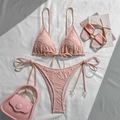 Pink textured halter bikini set with decorative bead ties and jacquard fabric finish - S / Pink