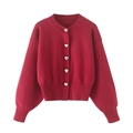 Red knit cardigan with silver heart buttons and drop shoulder design for women - S / Cardigans / Red