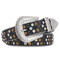 Detail of Y2K rock belt with colorful rhinestones and studded silver buckle - 105cm / Black Yellow (Silver Buckle)