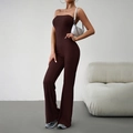 Elegant dark brown strapless jumpsuit with ribbed texture and slim fit flared trousers - S / Brown
