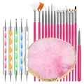 Detailed view of 21-piece pink nail art tool set including brushes, pens, and resin palette - Pink Handle Set (02)