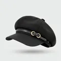 Classic black newsboy hat featuring textured fabric with a stylish faux leather brim - One Size / Leather Brim Style-Black