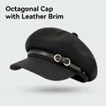 Classic black newsboy hat featuring textured fabric with a stylish faux leather brim - One Size / Leather Brim Style-Black