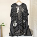 Lightweight summer floral print satin shawl cape with armholes and elegant rose pattern - One Size / Black Polka Dot Rose