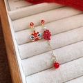 Detail view of asymmetric Chinese style lion and pearl earrings in a jewelry box - 11# Silver Needle - Drip Oil Lion Fortune Asymmetric