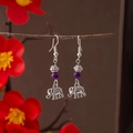 Ethnic silver elephant drop earrings with purple beads and intricate metal engraving - Silver Elephant Purple Bead Ethnic (E4289-3)
