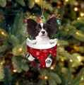 Papillon Hund Weihnachtsanhänger in rotem Beutel mit festlichem Geweih und Deko - Chihuahua Typ 4