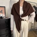 Brown knitted wool blend triangle scarf shawl with striped texture and elegant knot - Coffee