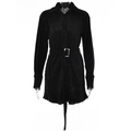Detail of black long-sleeved pleated dress with metal buckle belt and ruffled cuffs - S / Black