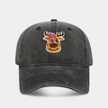 Close-up of the vintage washed black denim cap featuring a cute reindeer embroidery detail - Adjustable / Reindeer Pattern Black