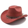 Vue détaillée du chapeau de cowboy en daim rouge brique avec perles turquoise et tresse - M (56-58cm) / Rouge Brique