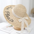 Beige raffia sun hat with 'Sun Please' embroidery and white lace bow for beach - Beige - Letter Embroidery Style