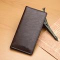Classic dark brown leather business wallet for men on a vintage wooden desk background - Long Style / Dark Brown