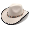 Light beige wool cowboy hat featuring blue star charms and black stitched brim edges - M (56-58cm) / Beige