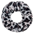 Detailed close-up of velvet leopard print scrunchie with zipper pocket design - Grey Black Texture