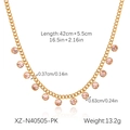 Detail view of gold tassel necklace with pink zircons showing dimensions and size specifications - Gold Pink Round Gemstone Necklace (HC-N40505-PK)
