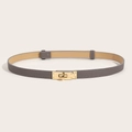 Macro shot of grey leather waist belt with gold Kelly buckle and cross-grain texture - (Gold Buckle) Cross Pattern Lock Adjustable Belt (Grey)