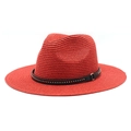 Cappello di paglia rosso da spiaggia con fascia nera a borchie e tesa larga classica - Rosso