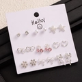 Macro view of a 9-pair silver stud earring set with cherry, heart, and pearl details - Silver Pink Heart Star Cherry Earrings (E0232-1)