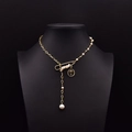 Gold Y-shaped sweater necklace with freshwater pearls and Elizabeth II coin pendant - Coin Tag Paperclip Safety Pin Necklace