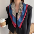 Elegant red and navy blue geometric silk scarf styled for a professional office look - Rhombus Contrast Stripes