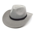 Detail of grey felt cowboy hat featuring black leather band with vintage metal buckle - Light Gray