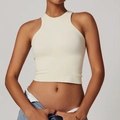 Débardeur de yoga côtelé blanc crème sans couture avec dos nageur et col montant - Beige