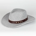Classic grey wool felt fedora hat with brown leather band and gold metal studs decoration - Adjustable / Light Gray