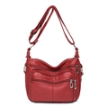 Red PU leather multi-pocket shoulder bag with adjustable strap and silver zippers - Red