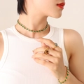 Luxury gold jewelry set featuring green zircon necklace and bracelet with leopard ring - P256-Gold Color Green Zirconia Necklace-35+5cm