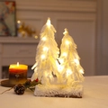 Miniature double snow-flocked Christmas trees with warm LED lights and wooden base - White Double Tree Style (35cm)