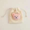 Beige corduroy drawstring pouch featuring a pink plush bear head and cotton rope closure - Off-white (Pink Bear)