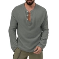 Detail view of dark grey long sleeve Henley shirt with breathable seersucker texture - S / Top (YZ-1) / Dark Gray