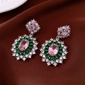 Pink and green crystal floral drop earrings with white rhinestones on brown velvet - 46# Silver - Pink Green Gorgeous Dangle (Silver Earring Post)
